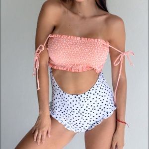 Pink White & Black Polka Dot Smocked One Piece Swimsuit